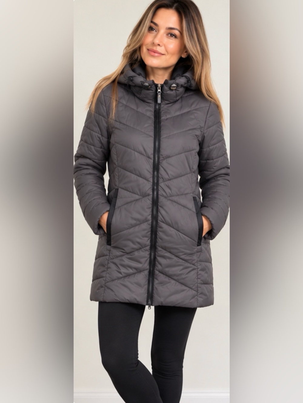 GRENIER Women’s Quilted Hooded Puffer Coat Grey Size L